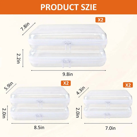 Six Pack Clear Hard Shell Zipper Pouches Waterproof Crush Resistant Storage Bags For Purse Diaper Bag Makeup showing size dimensions.