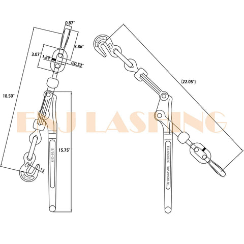 4 Pack Lever Load Binder With 2 Grab Hooks For Five Sixteenth Or Three Eighths Grade 70 Transport Chain 5400 Lb Working Load Limit diagram