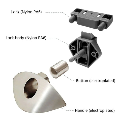 Kick Rattling Doors To The Curb With These Sleek Push Button Cabinet Handles That Keep Your Yacht Or Boat Drawers Secure And Tight, Ensuring Zero Spills No Matter How Rough The Waters Get While Adding A Clean Modern Look To Any Kitchen Cupboard Or - Components include lock, button, handle.