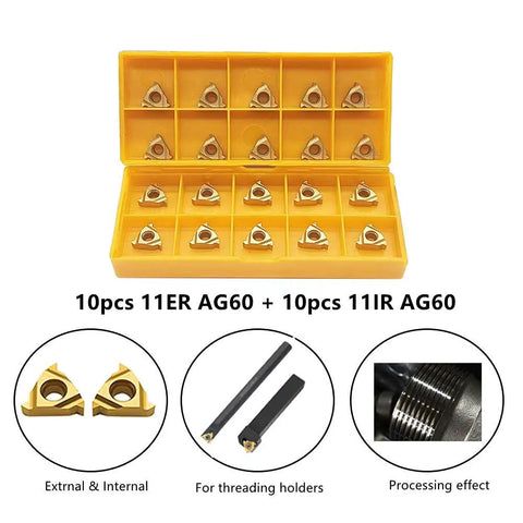 20-piece set of external and internal threading carbide inserts 11ER AG60 and 11IR AG60 in a yellow box for lathe tools.