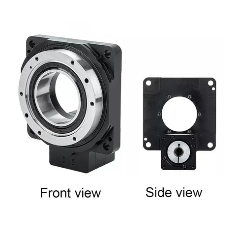 Rock Solid CNC Hollow Rotary Table With Precision Reducer And Effortless Mounting Setup Built Tough. Front and side view showing robust design.