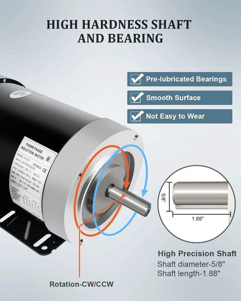 Beefy 1.5HP Electric Motor For Air Compressors, 1750 RPM General Purpose Three Phase Workhorse, showing shaft details