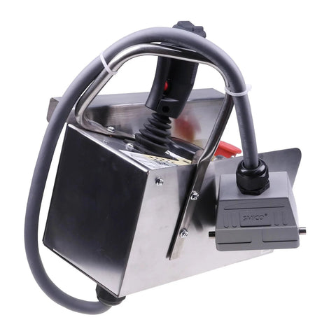 Installed control box replacement for Skyjack SJIII scissor lift; metal enclosure with attached gray control pedal and cable