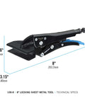 Eight Inch Sheet Metal Locking Pliers Model 108 8 with flat jaw for bending, crimping, and clamping, dimensions displayed