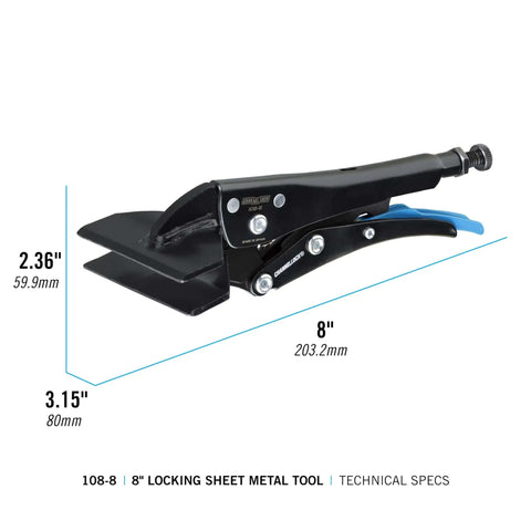 Eight Inch Sheet Metal Locking Pliers Model 108 8 with flat jaw for bending, crimping, and clamping, dimensions displayed