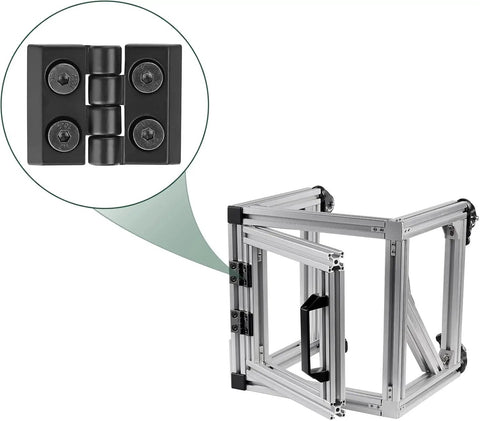 4 Piece Zinc Alloy Hinge For M4 2020 Aluminum Profile Extrusion With 180 Degree Adjustable Swing Includes 16 M4 Groove Nuts 16 M4x10 Screws And 3mm Wrench All In One Hardware Kit For Quick DIY Install, black hinge on aluminum frame