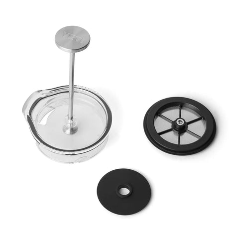 Disassembled parts of the Rambler 34 Oz French Press Coffee Maker With Grounds Control Filter Navy Double Wall Vacuum Insulation