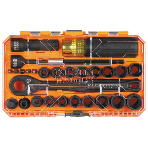 Pass Through Impact Socket Set With Three Eighths Inch Drive And Twenty Eight Piece Kit Featuring SAE And Metric Sockets 90 Tooth Ratchet Adapters And Bits In MODbox Case Pro Grade Built Tough For Heavy Duty Automotive And Everyday Repairs.