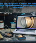 Rigid Rifle Borescope With 4.5 Inch HD Screen And 26 Inch Insertion Tube 0.2 Inch Probe Fits.20 Caliber And Larger Rifles 1080P Video On 32 GB SD Card For Quick Gun Cleaning And Barrel Check For Accurate Shooting Prep. on workbench with laptop showing barrel view