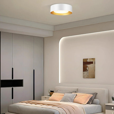Round Modern LED Ceiling Light With Wood Metal And Acrylic Finish, Soft Neutral Glow in a bedroom, creating cozy atmosphere.
