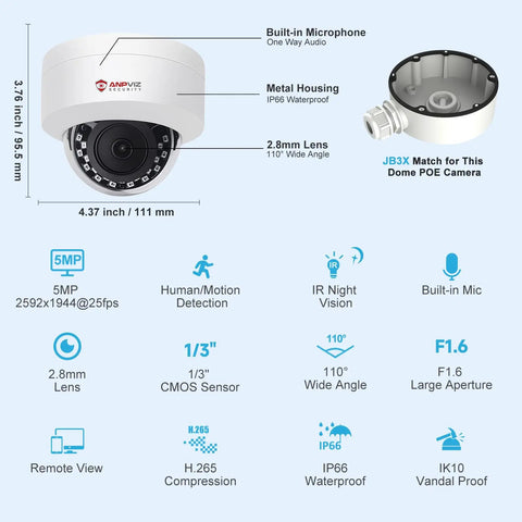 5MP PoE IP Dome Camera With Built-In Audio For Indoor Outdoor Surveillance, 98 Foot IR Night Vision, IP66 Weatherproof, diagram