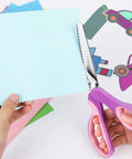Ultra Sharp Pinking Shears For Fabric Cutting With Comfort Grips Dope Zig Zag Scissors For Scrapbooking And Dressmaking Great On Fabrics Leather Paper And Craft Materials, purple comfort-grip scissors cutting blue paper