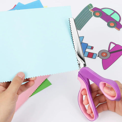 Ultra Sharp Pinking Shears For Fabric Cutting With Comfort Grips Dope Zig Zag Scissors For Scrapbooking And Dressmaking Great On Fabrics Leather Paper And Craft Materials, purple comfort-grip scissors cutting blue paper