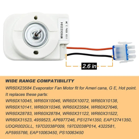 Top view of 2.6 inch WR60X23584 Evaporator Fan Motor for GE and Hotpoint Refrigerators with connector, 115V 60Hz