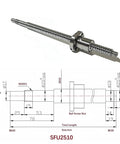 25mm Anti-Backlash Ballscrew Kit SFU2510 RM2510 showing ball screw component and technical diagram for CNC machines