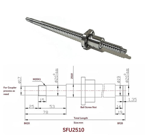 Anti Backlash 25mm Ballscrew Kit SFU2510 RM2510 - CNC precision linear motion with diagram, 1100mm long, 10mm lead, and nut view.