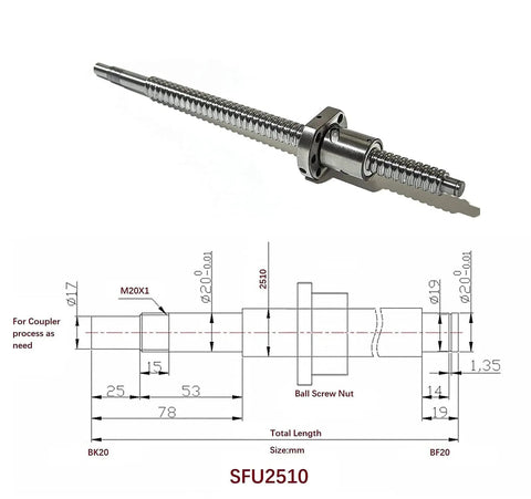 Anti Backlash 25mm Ballscrew Kit SFU2510 RM2510 with diagram, 1840mm length, ball screw nut, bearing end supports