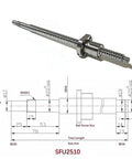 25mm Anti Backlash Ball Screw Kit SFU2510 RM2510 With 2100mm Length And 10mm Pitch illustrated with technical dimensions