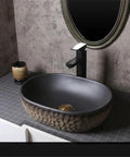 USZWBY Imitation Stone Ceramic Vessel Sink Small Wash Basin for Outdoor Pool Home Bathroom Modern Countertop Art Design oval shape with elegant faucet