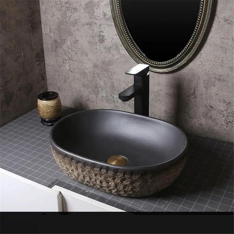 USZWBY Imitation Stone Ceramic Vessel Sink Small Wash Basin for Outdoor Pool Home Bathroom Modern Countertop Art Design oval shape with elegant faucet