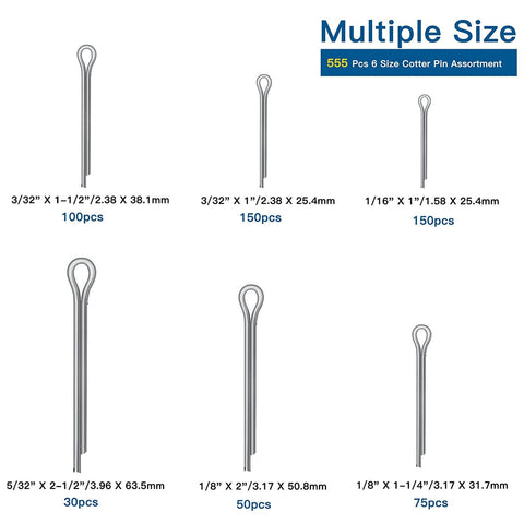 555 Piece Cotter Pin Assortment Kit Pro Grade Built Tough For Automotive And Small Engine Repair, multiple sizes diagram
