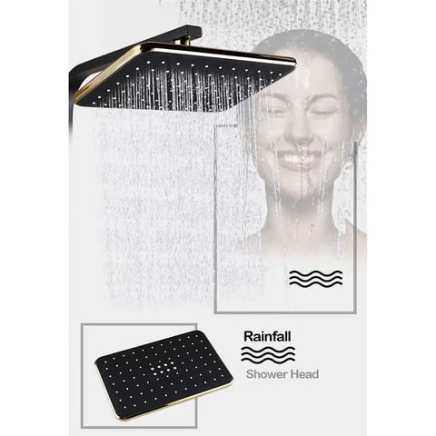 Golden White Shower Faucet In Wall Mixer System Rainfall Brass Body Massage Set Swive Spout(Black) showcasing a rainfall shower head.