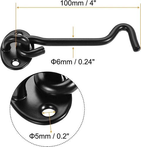 WUUWCHODC Hook and Eye Latch Gate Cabin Door Catch Window Swivel 201 Screws, measuring 100mm, black durable metal design.
