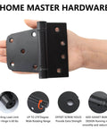 Self Closing Spring Gate Hinge Three And One Half Inch Heavy Duty Automatic T Hinge Steel Black Finish With Screws Two Pack displayed in hand