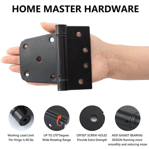Self Closing Spring Gate Hinge Three And One Half Inch Heavy Duty Automatic T Hinge Steel Black Finish With Screws Two Pack displayed in hand