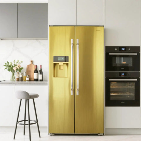 Gold Self Adhesive Wallpaper Peel And Stick Metallic Contact Paper For Walls And Surfaces Waterproof DIY Decor on refrigerator.