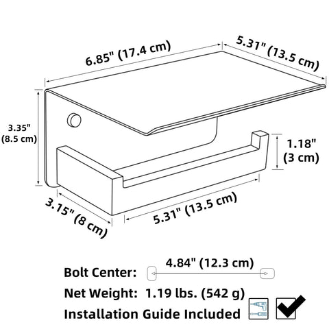 Dimensions of Brushed Nickel Toilet Paper Holder With Large Phone Shelf, 304 Stainless Steel Wall Mounted Bathroom Paper Roll Dispenser