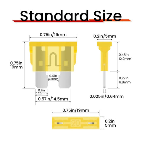 Standard size yellow blade fuse dimensions for Straight Up 60 Piece Standard Automotive Fuse Kit Includes Slick Fuse Puller Features Ato Atc Blade Fuses 1A Through 40A Amps Fits Cars Trucks Rvs Boats Built With Zinc Alloy Terminals Zero Hassle Circuit Work.
