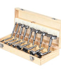 Top Shelf 16 Piece Wood Drill Bit Set With Tungsten Carbide Tips in a wooden case, showing various sizes for precision drilling.