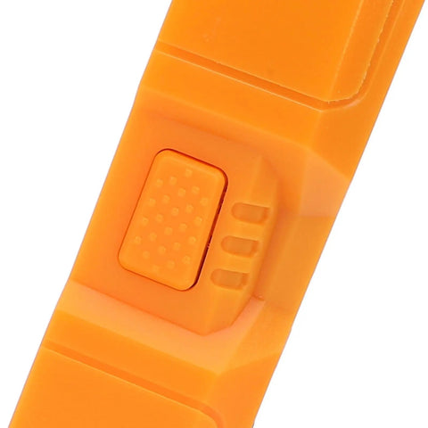 Close-up of the Fafeicy Wall Scanner 5 in 1 Stud Finder with LCD Display and Wire Detection button detail in orange.