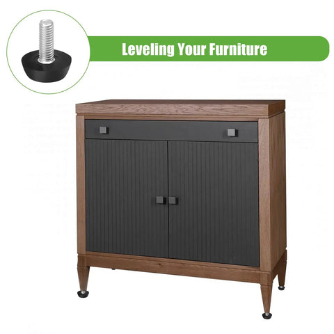 Heavy Duty 12 Pack Adjustable Furniture Levelers With M6 Thread Anti Wobble Feet stabilizing a sleek black and wood sideboard.