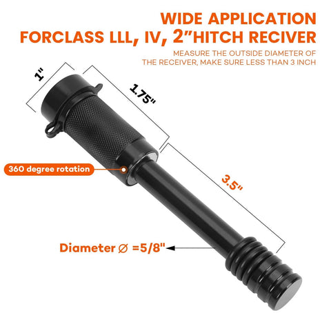 Heavy Duty Trailer Hitch Lock Pin For 2 Inch Receiver Tubes Fits Class III And IV Hitch Receivers Anti Theft Locking Receiver Pin With Five Eighth Inch Diameter And Three Point Five Inch Effective Length Keeps Your Gear Locked Tight, shown in black