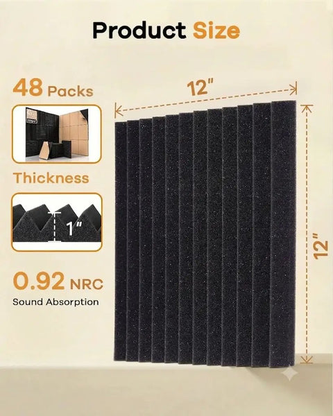 No Sweat Peel And Stick Acoustic Foam Panels 48 Pack Self Adhesive Sound Proofing Wedges One Inch Thick with size details.
