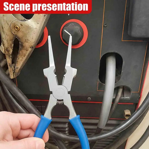 8 Inch MIG Welding Pliers 6 In 1 Handy Multi Tool with blue anti-slip handle displayed against welding equipment.