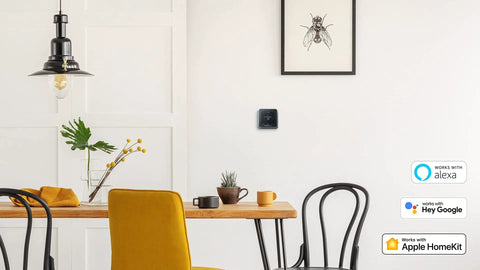 Renewed T5 Plus Smart Thermostat Black With 7 Day Scheduling And Location Based Temperature Control on wall in dining room.
