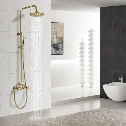 Gold Finish 8 Inch LED Light Rainfall Shower Head 3 Way Shower System With Handheld Shower And Tub Spout Premium Solid Brass Construction Easy Install One Handle Temperature Control For A Spa Level Waterfall Experience