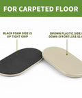 Heavy Duty Furniture Sliders For Carpet, black foam grip side up, brown plastic slide side down, showing usage details.