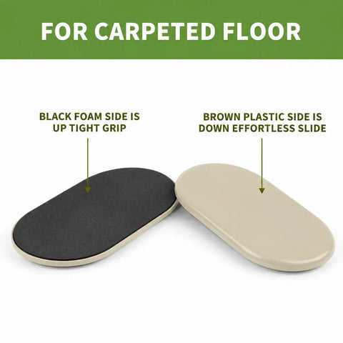 Heavy Duty Furniture Sliders For Carpet, black foam grip side up, brown plastic slide side down, showing usage details.