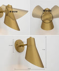 Cordless Battery Powered Wall Sconces Set Of 2 With Remote Control No Wiring Needed No Fuss Dimmable And Adjustable LED Lighting For Indoor Use Easy Install For Bedroom Living Room Hotels Antique Style 13 RGB Color Modes showing gold sconce with adjustable angles and dimensions.