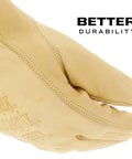 Close-up of Breathable Leather Cow Driver Gloves With Water Resistant Durahide Dry Leather And Gunn Cut For Tough Jobs Tan XL Size