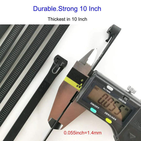 Caliper measuring thickness of Black Releasable Zip Ties 10 Inch Heavy Duty Nylon Ties 50 Lbs 100 Pack For Christmas Tree Lights Wires