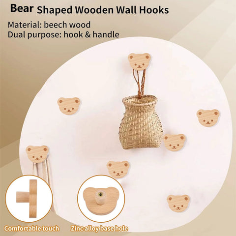 Bear Shaped Wooden Knobs 6 Pieces Single Hole Beech Wood Cabinet Handles, hooks on wall with basket, polished smooth and safe.