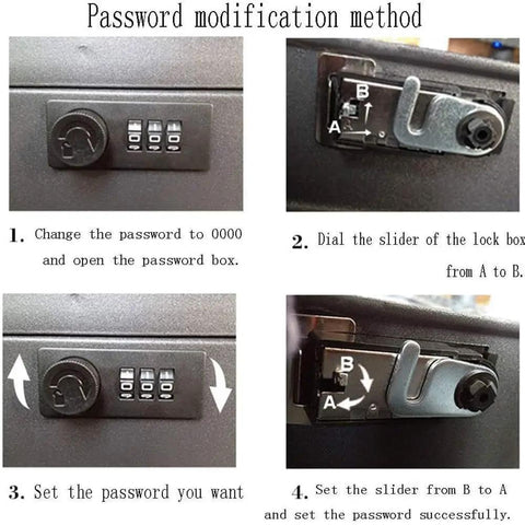 Password modification method for Large Electronic Digital Safe For Jewelry And Home Security With Metal Construction And Removable Inner Tray Easy Password Lock For Quick Access And Real Stash Security Heavy Duty Safe Box For Valuables In Home Office Bedroom, featuring dial and slider instructions.
