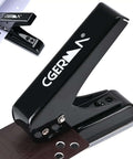 Heavy Duty Single Hole Punch With One Quarter Inch Hole 30 Sheet Capacity U Shaped Cutter Head Makes It A True Workhorse For ID Cards Chipboard Art Projects Saves About Sixty Percent Labor Black. Top view of black hole punch with U-shaped cutter.