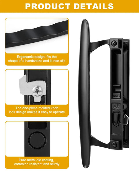 Product details of Heavy Duty Black Diecast Sliding Door Handle Set With Secure Non Keyed Lock showing ergonomic design and knob lock.