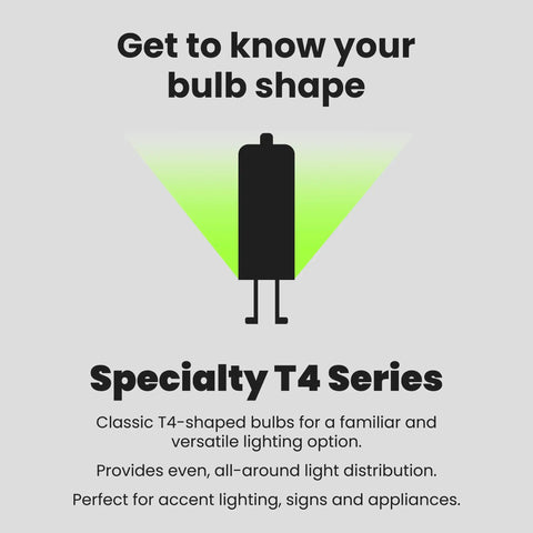 Illustration of T4-shaped bulb silhouette with text about specialty lighting and distribution for accent, signs, appliances